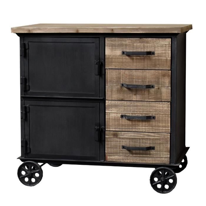 Bahut Enfilade Commode à Roulettes Bois Fer Industriel Campagne 90 cm