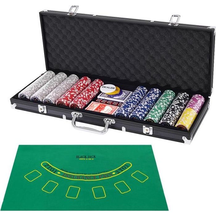 DREAMADE Malette Professionnelle de Poker, Coffret de Poker en Aluminium avec 500 Jetons Laser, 2 Paquets de Cartes, 5 Dés&Tapis