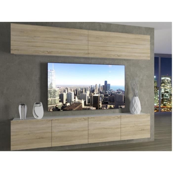 MORRIE - Ensemble meubles TV - Unité murale style moderne - Largeur 200 cm - Mur TV à suspendre - Aspect bois - Sonoma