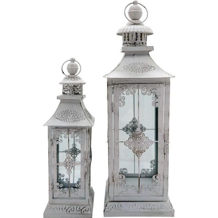 Rebecca Mobili Lot de 2 Grandes Lanternes Bougeoirs en Métal Blanc pour l'Extérieur et l'Intérieur.