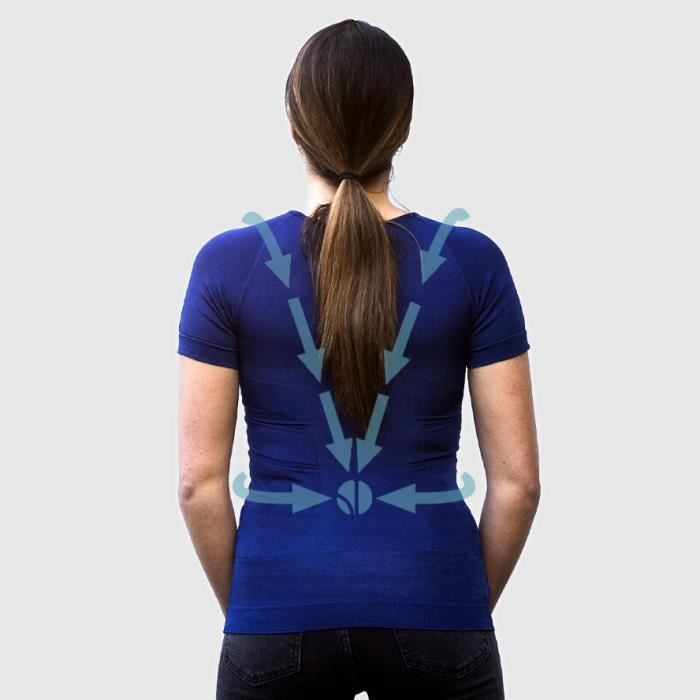 T-shirt Bleu Femme Manches Courtes - Correcteur de Posture - Compression 360° - Anti-Mal de Dos - Maillot de Corps Sport Fitness