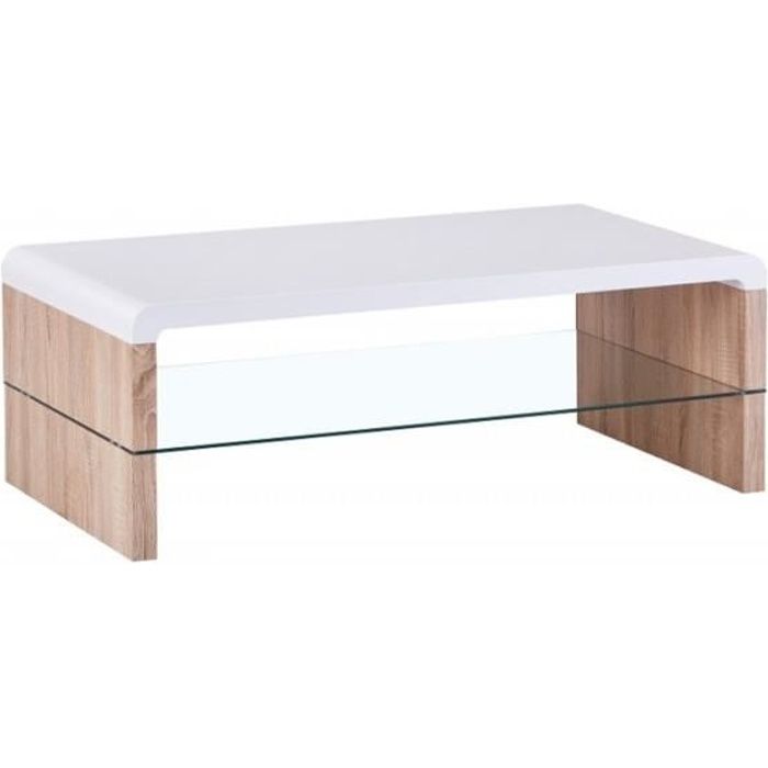 Table basse LISSABON rectangulaire design sous-plateau en verre, coloris blanc et chêne.: 60 Blanc