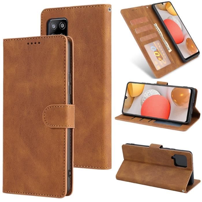 Étui Samsung Galaxy A12, Portefeuille à Rabat Porte-Cartes en Cuir Housse Protection Simple Ultra-fin Support, Marron