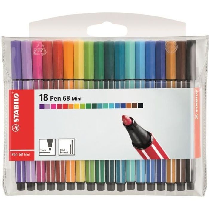 STABILO Pochette souple de 18 Mini Feutres Pen 68 Mini - Couleurs Assorties