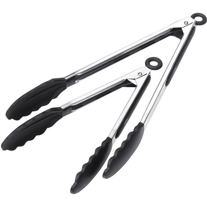 TRIXES Ensemble de Deux Pinces de Cuisine Résistantes à la Chaleur avec les Extrémités en Silicone Noir