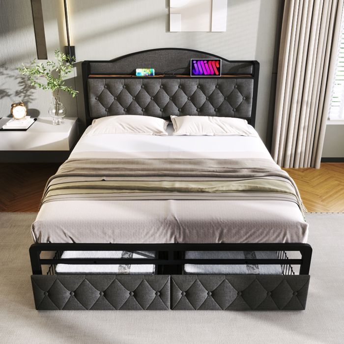 lit double 140x200 cm avec 2 tiroirs, tête de lit avec chargement usb type c, cadre de lit en fer à lattes, lin, gris