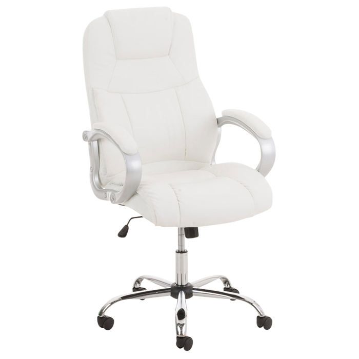 Fauteuil de bureau sur roulettes avec accoudoirs mecanisme a bascule en metal chrome PVC blanc 10_0002381