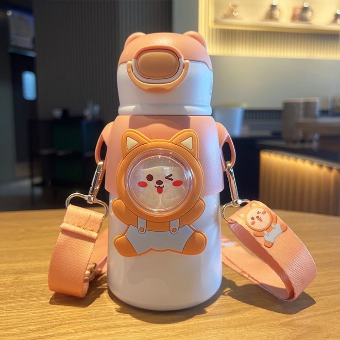 Bouteille thermos de dessin animé pour enfants de 500ml avec paille bouteille thermos anti-fuite bouteille deau kawaii orange