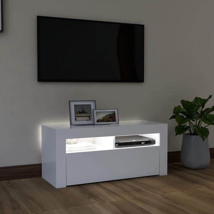 Meuble TV - Banc TV - Table TV - avec lumières LED - Blanc - 90x35x40 cm - T164