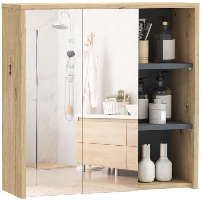 Armoire de salle de bain avec miroir - HOMCOM - montage mural - 3 étagères ouverts 2 portes miroir - 60 x 20 x 60 cm - bois naturel