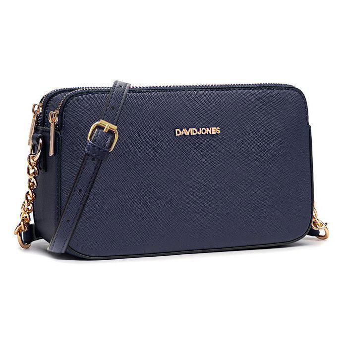 David Jones - Petit Sac Bandoulière Femme - Besace Chaînes Porté Epaule Cuir PU 3 Compartiments - Sacoche Multipoche - Bleu