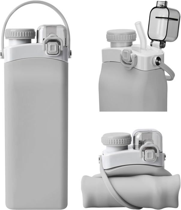 Bouteille deau en silicone 600 ml réutilisable étanche avec paille sans BPA adaptée au sport grise