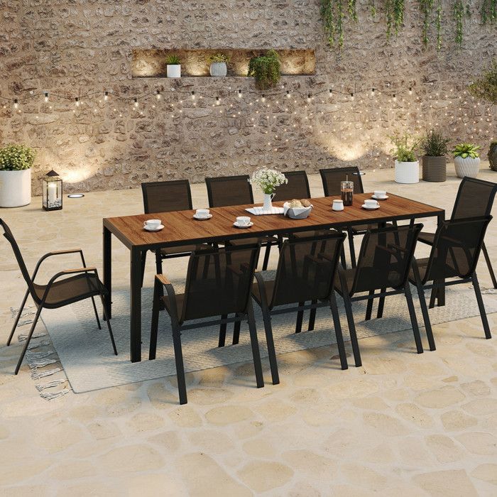 IDMARKET Salon de jardin NOUMEA table 240 cm plateau verre trempé effet bois et 10 chaises empilables noir et bois