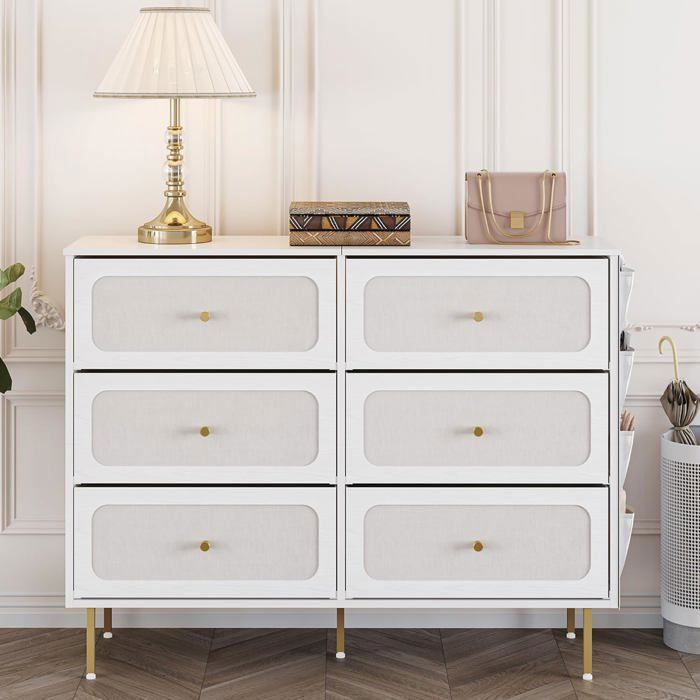 Commode Armoire avec 6 Tiroirs en Tissu Meuble de Rangement avec Pochette30 x 110 x 85 cm pour le salon et la chambreBlanc-Or