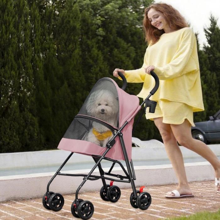 Meilleurs prix pour Poussette pour animaux de compagnie-MENGDA-Pliable-Avce Porte-Compact et léger-Conception en maille-Adapté aux voyages-Rose