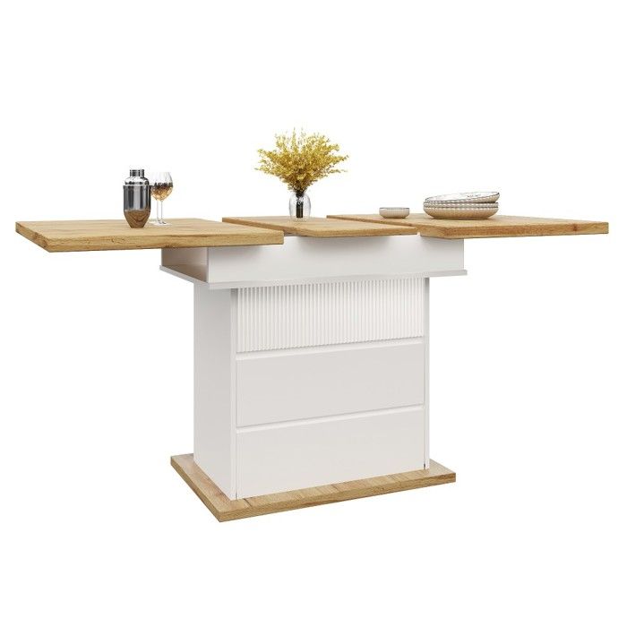 Table à manger télescopique 110-140x80cm extensible pliable 4-6 pers 3 niveaux rangement blanc cuisine salon compacte Table à manger télescopique 110-140x80cm extensible pliable 4-6 pers 3 niveaux rangement blanc cuisine salon compacte