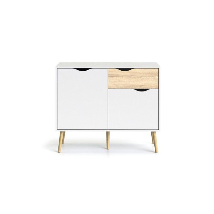 Petit buffet 2 portes, 1 tiroir blanc et d&eacute;cor ch&ecirc;ne l98,7 cm - billund 