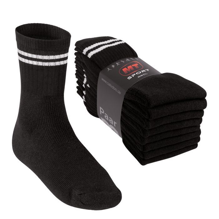 MT chaussettes de sport et loisir pour femmes et hommes (8 paires) — chaussettes de tennis — noir rayures blanches