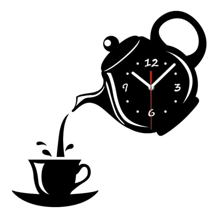 Horloge murale 3D - Théière et tasse à café - Acrylique - DIY - Décorative