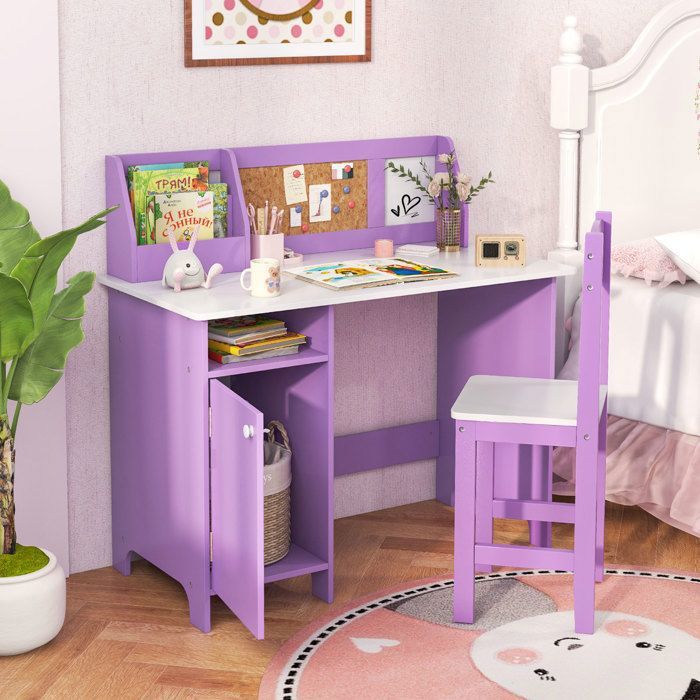 GYMAX Bureau et Chaise Enfant 91x45x81CM en Bois Table dÉtude Fille Garçon 4-8 Ans avec Chaise&Placards de Rangement Violet