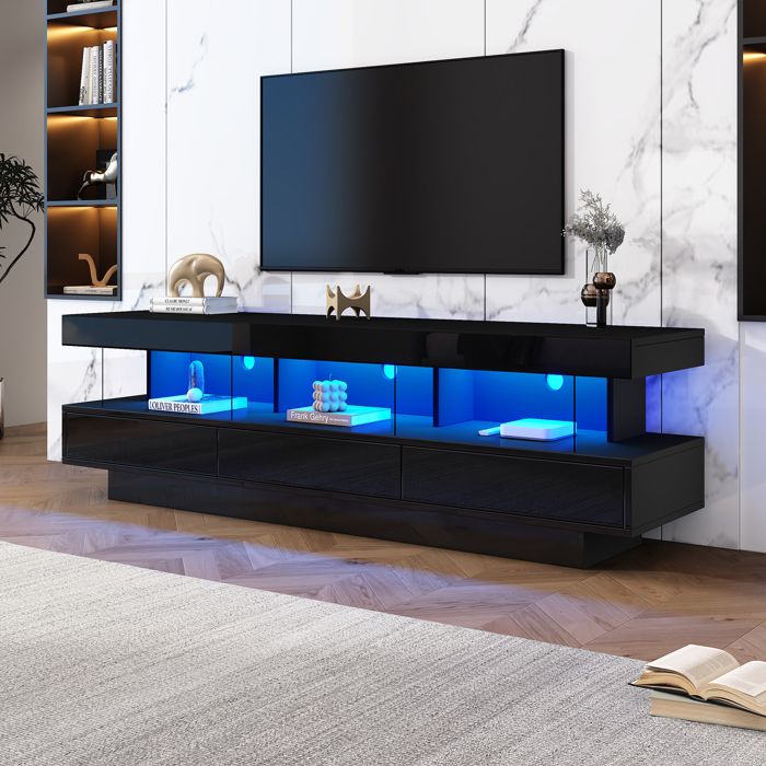 Meuble TV Noir avec 3 Compartiments en Verre et Éclairage LED – Meuble Bas 160x38x50 5 cm pour TV jusqu’à 70 pouces Meuble TV Noir avec 3 Compartiments en Verre et Éclairage LED – Meuble Bas 160x38x50 5 cm pour TV jusqu’à 70 pouces