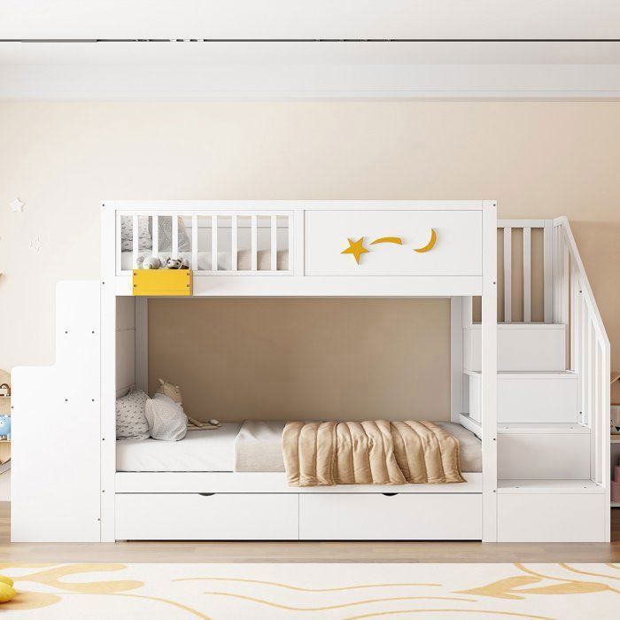Lit Superposé Enfant 90x200 avec Bureau 2 Grands Tiroirs Échelle de Rangement Étagères Décoration Étoiles Bois MassifBlanc