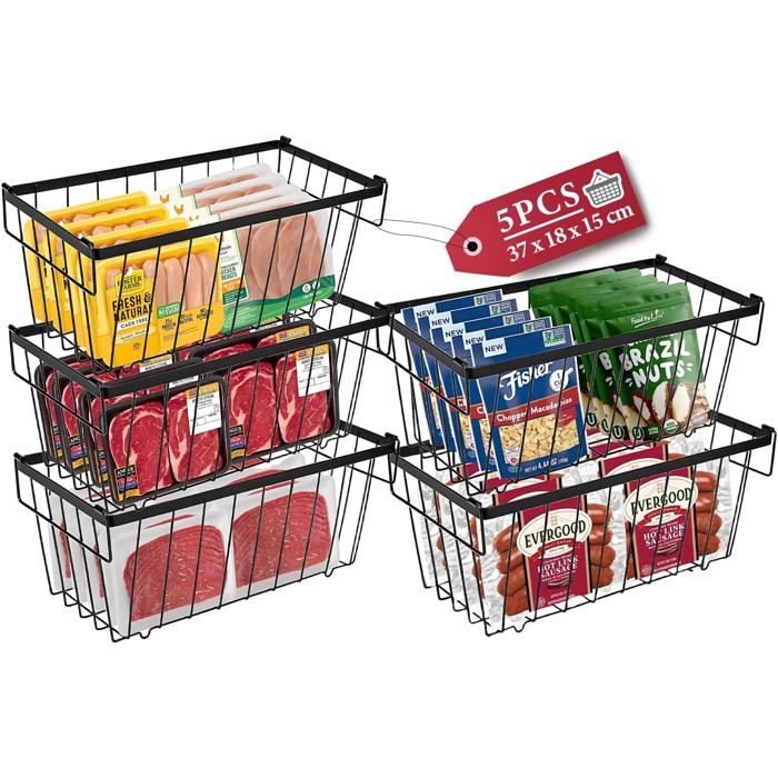 Lot de 5 paniers de congélation empilables noirs poignées fond antidérapant tri rapide aliments congelés Label