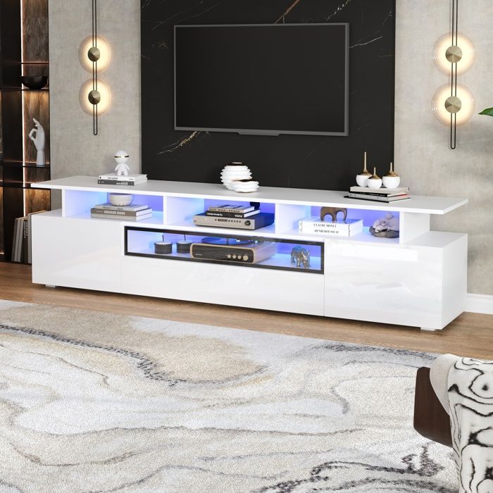 Meuble TV Bas avec LED et Rangement 1 Tiroir 2 Portes 10 Étagères Finition Laquée Brillante Acryl + PB - 180×38×45 cm Blanc