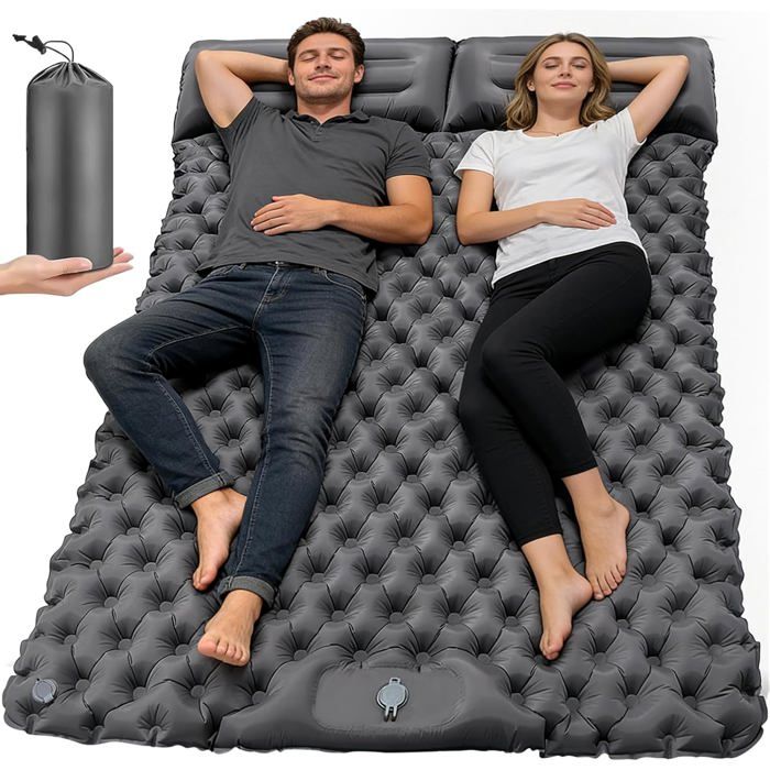 Matelas de CampingTapis de Lit Double Auto-Gonflable avec Oreiller et Pompe à Pied intégrée Matelas de Camping Gonflable Portable