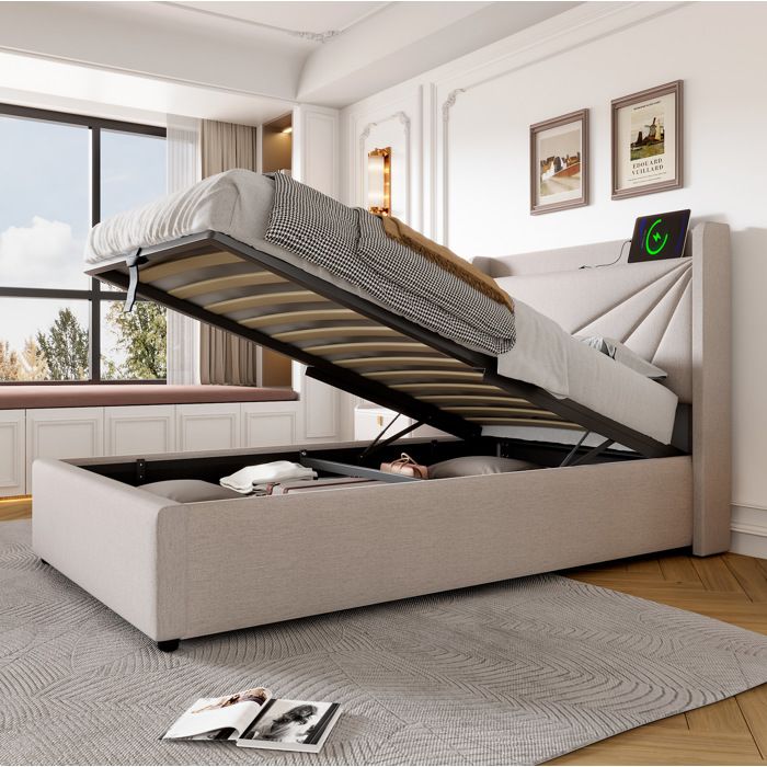 ULEVR lit simple 90 x 200 cm avec coffre de rangement tête de lit rembourrée USB et USB-C beige