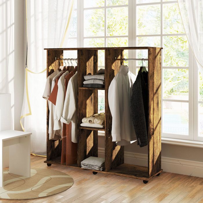 MOTHINESSTO4535-Armoire penderie meuble de rangement mobile 6 roulettes 120 x 40 x 128 cm en bois marron