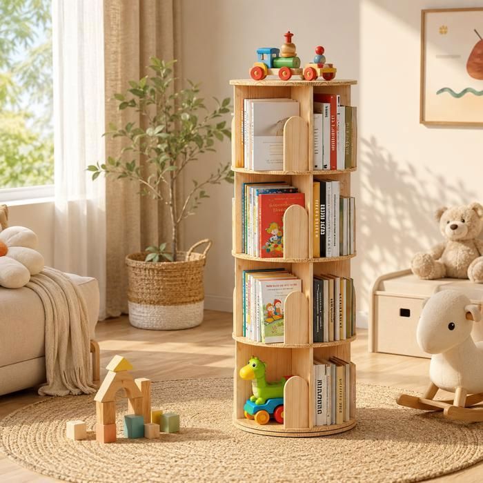 Bibliotheque Rotative à 360 degrés - Bibliotheque Bois - Pour ChambrebureauBureauSalon-Étagère Pivotante à 4 Niveaux-46x46x129cm