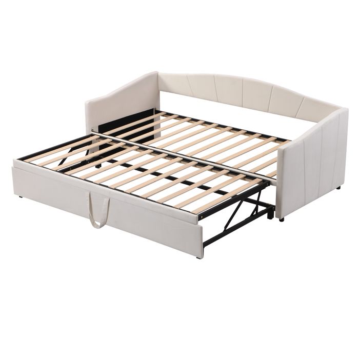 VLIVRA Lit Gigogne 1 à 2 Places Cadre Extensible Accoudoirs et Dossier 90×200 cm et 180×200 cm sans Matelas Beige