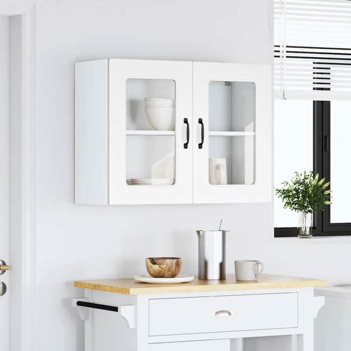 Vitrine suspendue cuisine Cabinet haut avec porte en verre Kalmar blanc 80x31x60 cm A11925