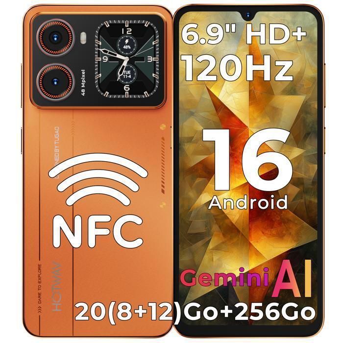 Smartphone-HOTWAV X100 GT-Cadeaux Summer-Écran 69 Pouces Dynamique Island-8+256Go-48MP Caméra-5160mAh-Android 16-NFC-Orange