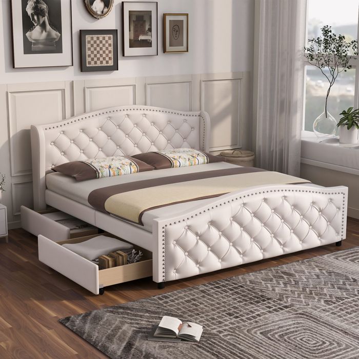 Lit rembourré avec tiroirs - 140x200 cm - Blanc - Tête de lit avec clous décoratifs - 2 tiroirs sur roulettes