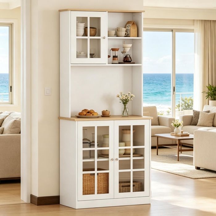 Buffet Cuisine-Meuble Cuisine Rangement Haut-avec Plan de Travail-3 Portes vitrées-2 niches et étagères réglables-80x37x183cm
