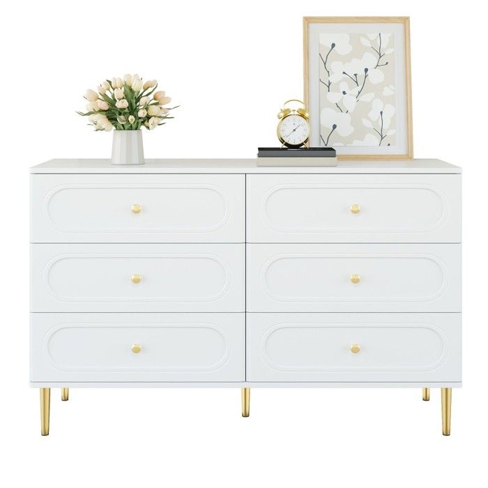 Buffet Bahut Blanc 120x40x75cm Commode Avec 6 Tiroirs Et Niches Ovales Pieds Métal Meuble De Rangement Moderne Salon
