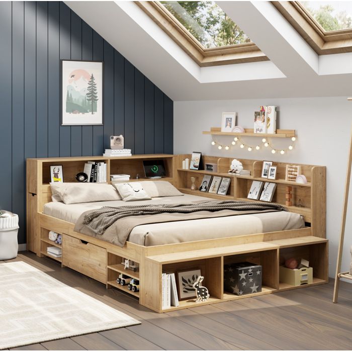 Lit combiné enfant 140 x 200 cm avec rangements étagères tiroir table de chevet et recharge sans fil