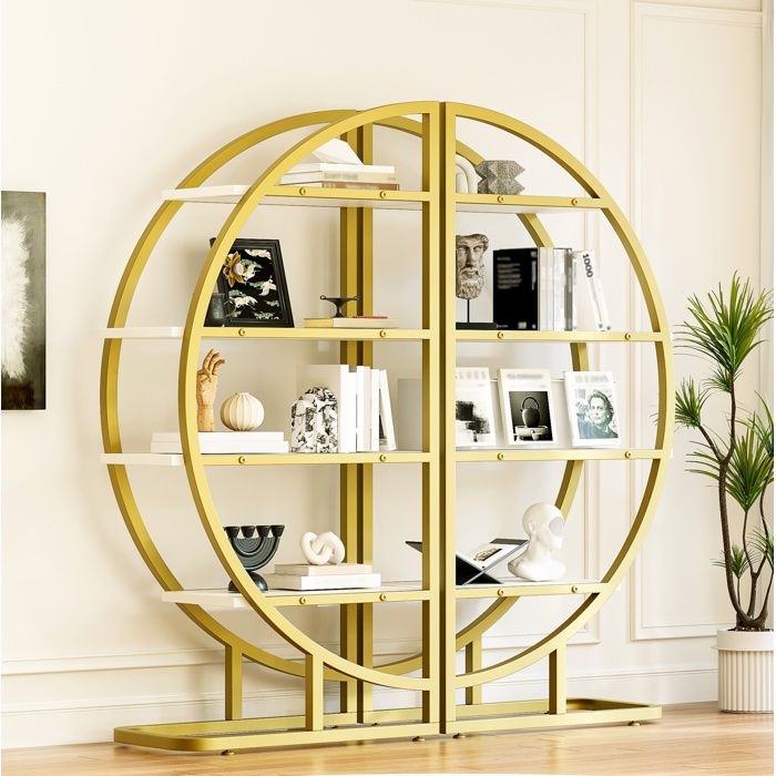 WOVREO étagère ronde sur pied 120 x 30 x 130 cm 2 modules demi-cercle métal doré et MDF blanc