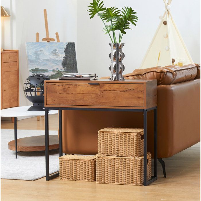 Console dentrée avec 1 tiroir style industriel bois naturel et métal noir 80 x 30 x 76 cm ORVRYN
