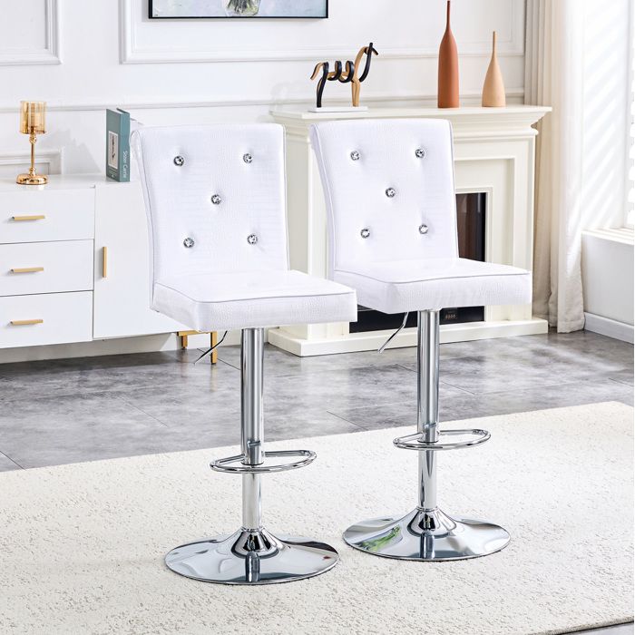 WOVREO Lot de 2 chaises de bar réglables blanches style vintage en PVC effet crocodile avec boutons cristal