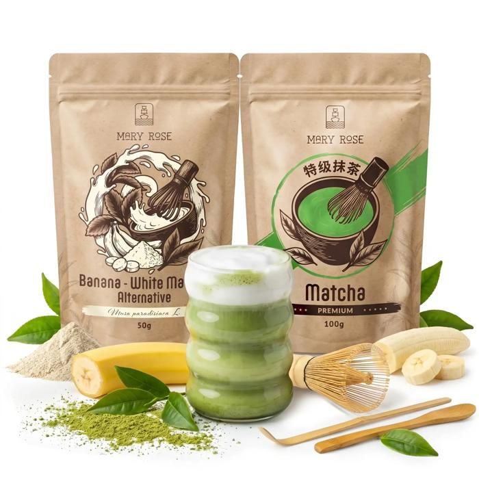 Kit Préparation Matcha Mary Rose - Matcha Vert Premium 100g + Blanc Banane 50g + Set Accessoires en Bambou Fouet Chasen