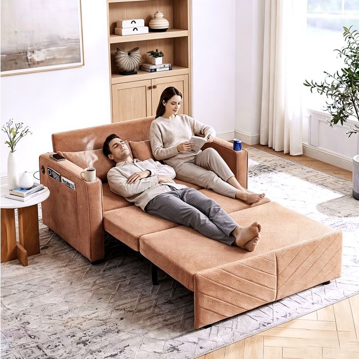 Canapé convertible 3-en-1 2 places 195 x 134 x 73 cm avec USB design coulissant tissu orange