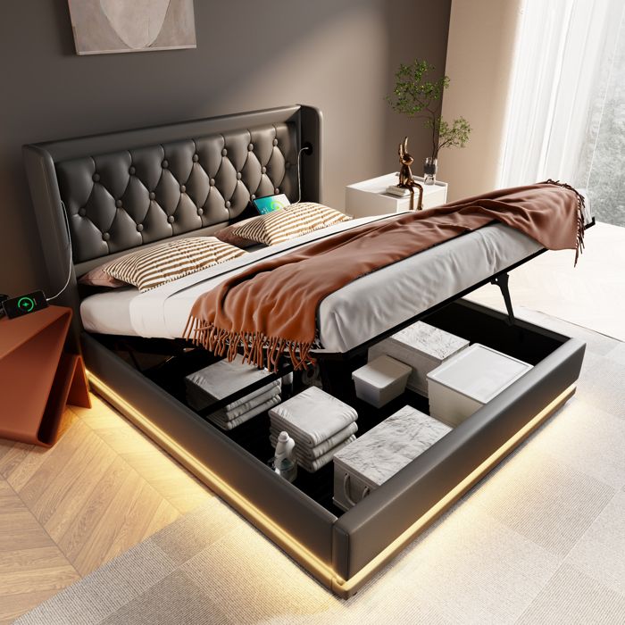 URTR Lit capitonné 160x200 cm Noir PU coffre hydraulique tête capitonnée avec USB-C LED 3 côtés sans matelas élégant