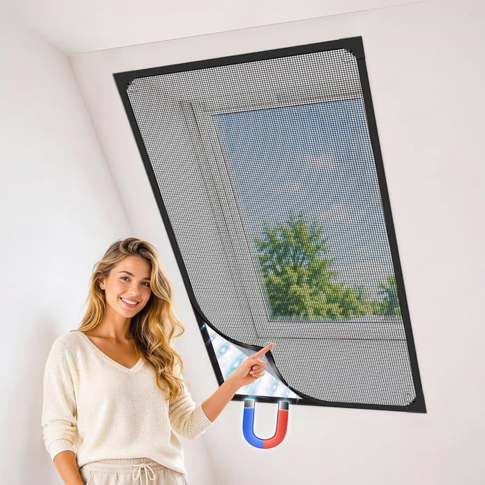 Rideau moustiquaire magnétique 130 x 150 cm cadre noir maille noire en fibre de verre - pose facile sur fenêtre