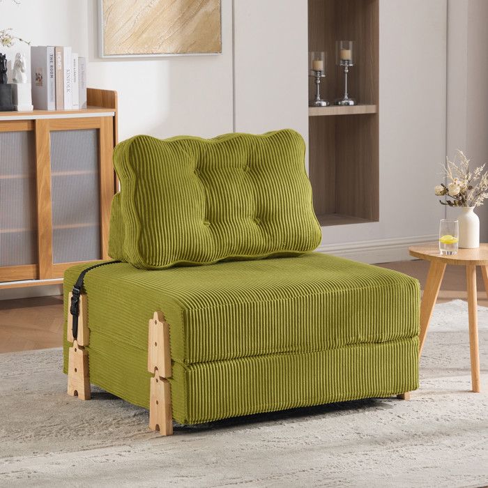 Fauteuil Convertible 1 Place - 90x86x84cm - Chauffeuse Pliable en Lit dAppoint Tissu Velours Côtelé et Bois - Vert