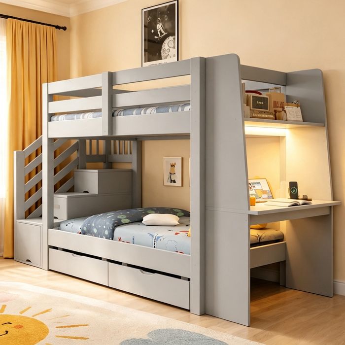 Lit superposé 90x200 en bois - Lit enfant garçon avec bureau - LED et 2 tiroirs - lit superposé avec rangement - gris