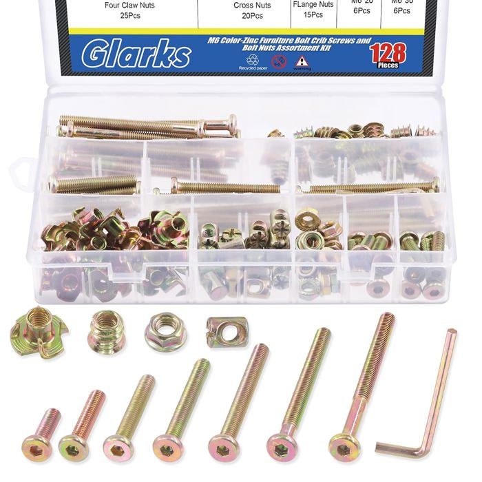 Kit Vis M6 à Tête Hexagonale pour Lit de Bébé avec Écrous à Tête Cylindrique et en T Clé Hexagonale - pour Bois Supports