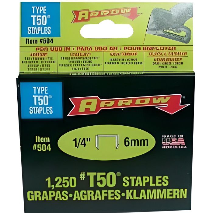 Agrafe T50 12mm boîte de 1250 agrafes - ARROW - 508